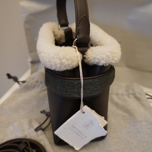 Brunello Cucinelli Essence Bag Brown Leather SM Top Handle Monili Crossbody New - Picture 3 of 9